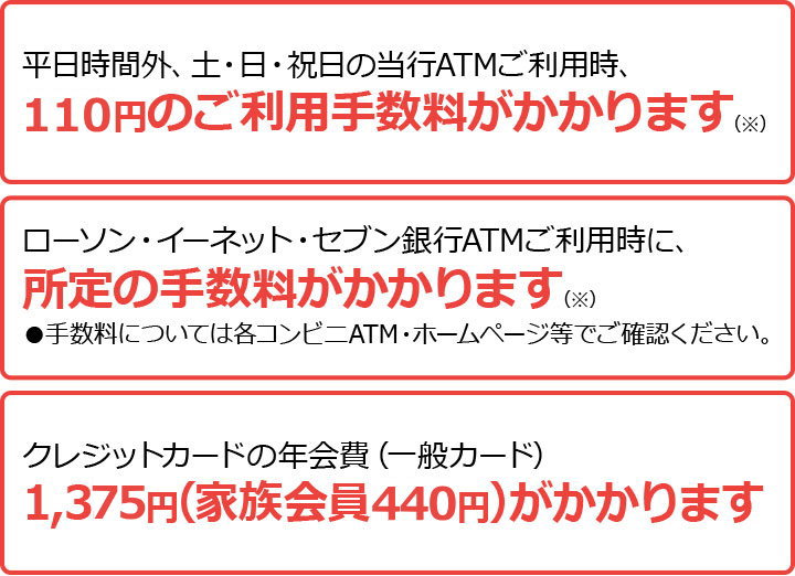 平日時間外、土・日・祝日の当行ATMご利用時、<script>document.write(Math.floor(110.0).toLocaleString());</script>円のご利用手数料がかかります ローソン・セブン銀行・イーネットATMご利用時に、所定の手数料がかかります●手数料については各コンビニATM・ホームページ等でご確認ください。クレジットカードの年会費（一般カード）<script>document.write(Math.floor(1375.0).toLocaleString());</script>円（家族会員<script>document.write(Math.floor(440.0).toLocaleString());</script>円）がかかります