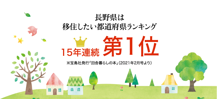 長野県は移住したい都道府県ランキング15年連続第1位 ※宝島社発行「田舎暮らしの本」（2021年2月号より）