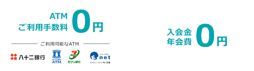 ATMご利用手数料0円、入会金年会費0円