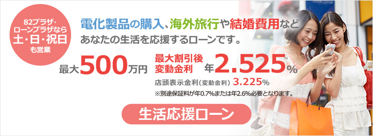 生活応援ローン 82プラザ・ローンプラザなら土・日・祝日も営業 電化製品の購入、海外旅行や結婚費用などあなたの生活を応援するローンです。 最大500万円 最大割引後 変動金利 年2.525% 店頭表示金利(変動金利):3.225% ※別途保証料が年0.7%または年2.6%必要となります。