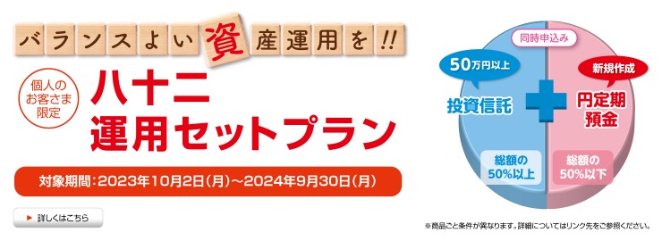 バランスよい資産運用を！！ 八十二運用セットプラン 対象期間 2023年10月2日(月)～2024年9月30日(月) 投資信託・金融商品仲介取扱商品・外貨預金 円定期預金